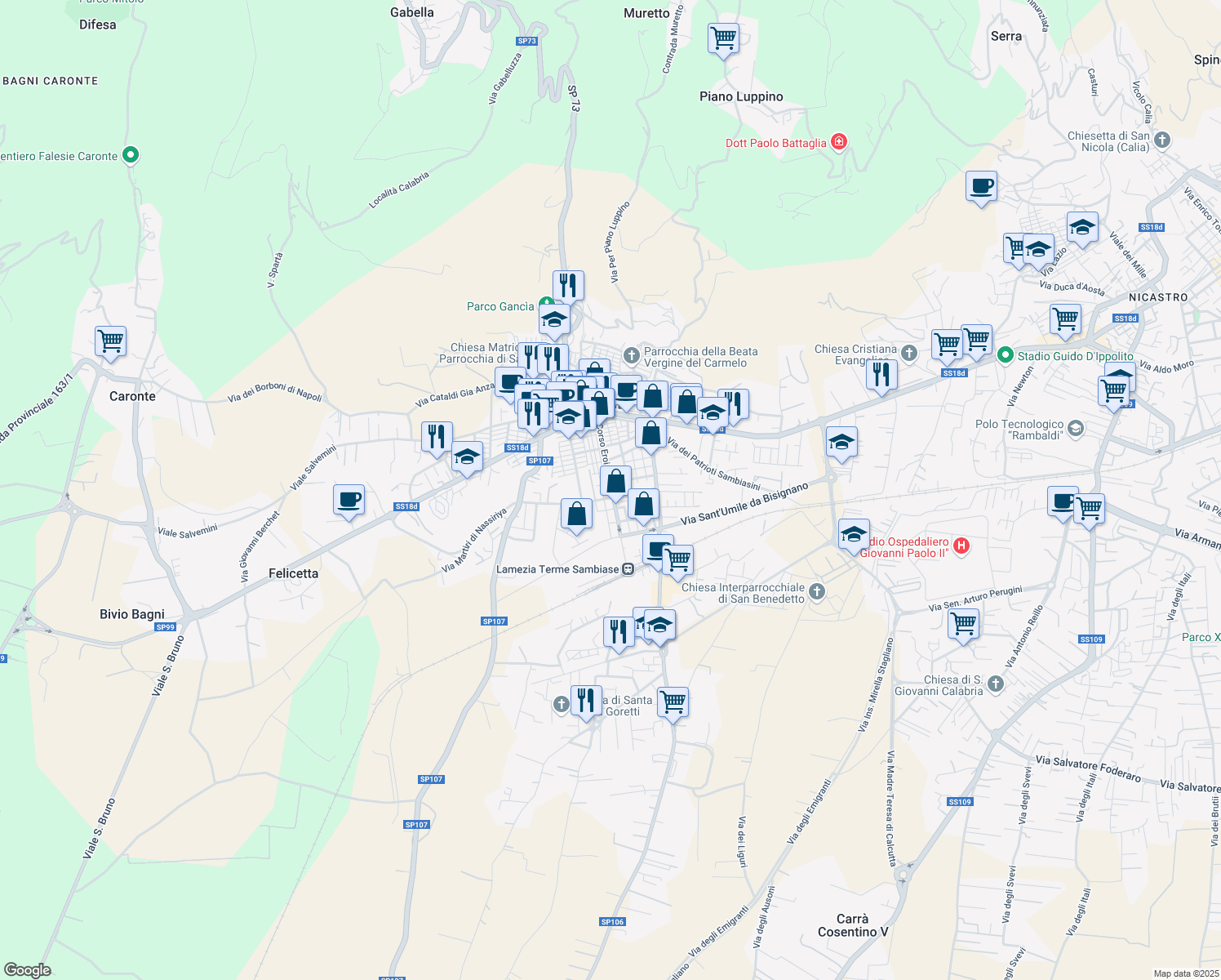 map of restaurants, bars, coffee shops, grocery stores, and more near 77 Corso Eroi di Sapri in Lamezia Terme