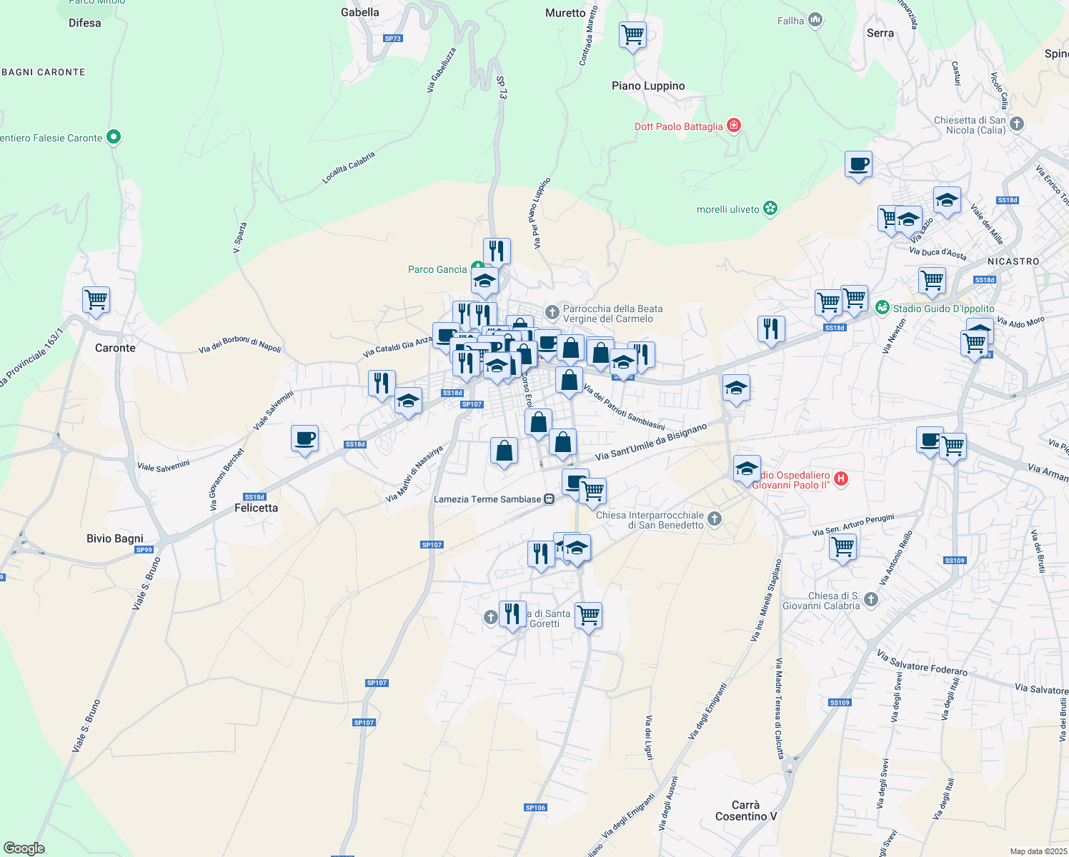 map of restaurants, bars, coffee shops, grocery stores, and more near 77 Via Eroi di Sapri in Lamezia Terme