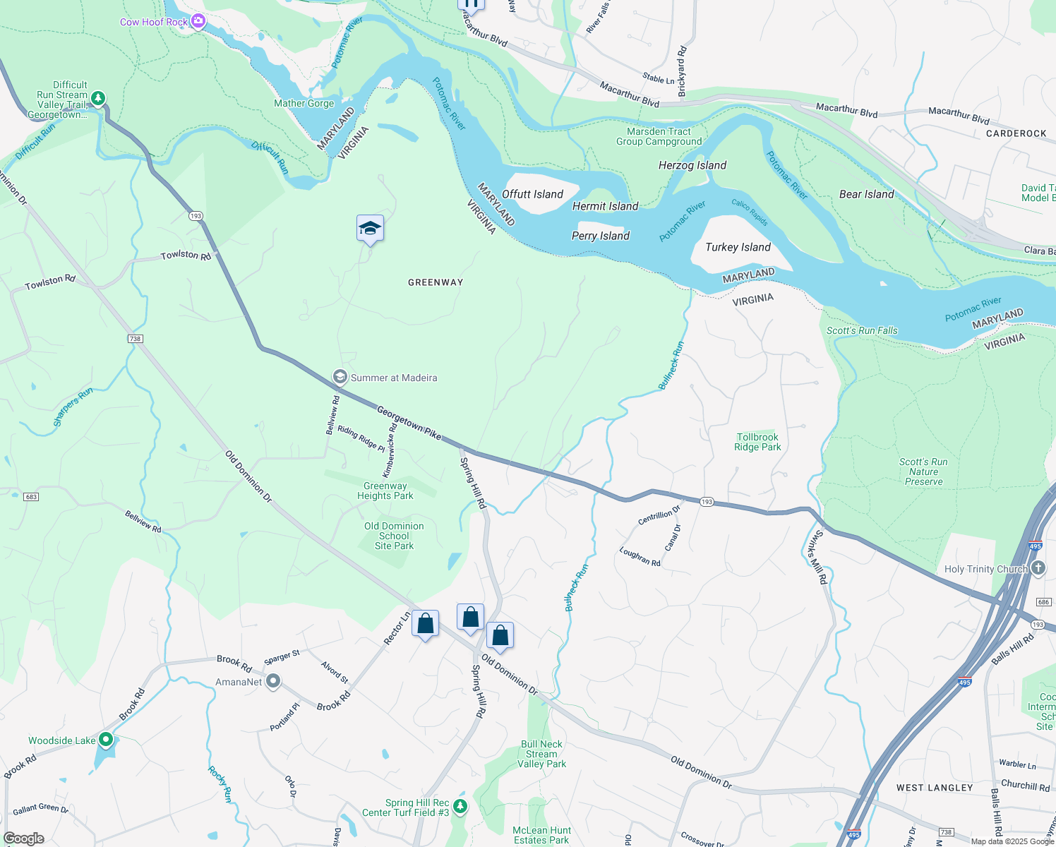 map of restaurants, bars, coffee shops, grocery stores, and more near 844 Merriewood Ln in McLean