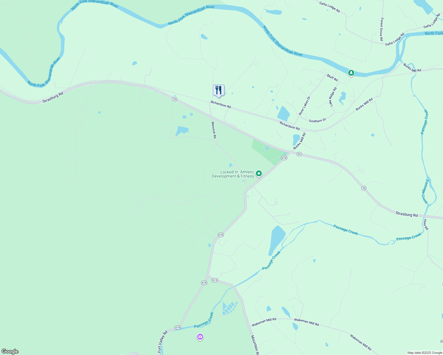 map of restaurants, bars, coffee shops, grocery stores, and more near 91 Messick Road in Strasburg