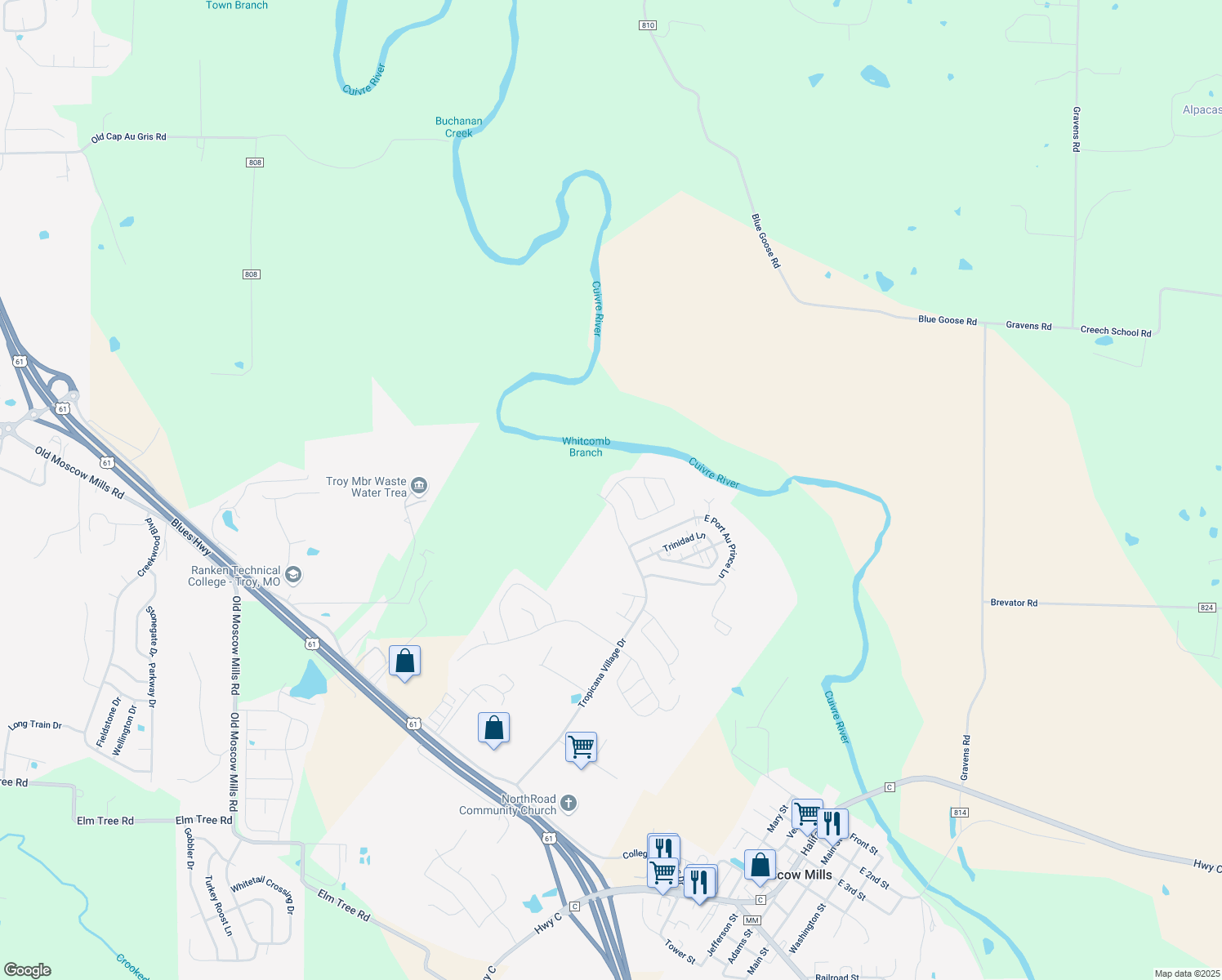 map of restaurants, bars, coffee shops, grocery stores, and more near 119 Rivers Edge Drive in Moscow Mills