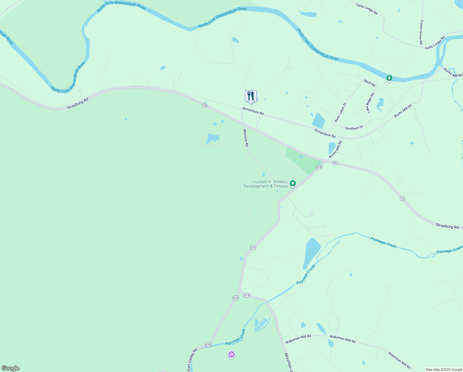 map of restaurants, bars, coffee shops, grocery stores, and more near 163 Valley Overlook Court in Strasburg