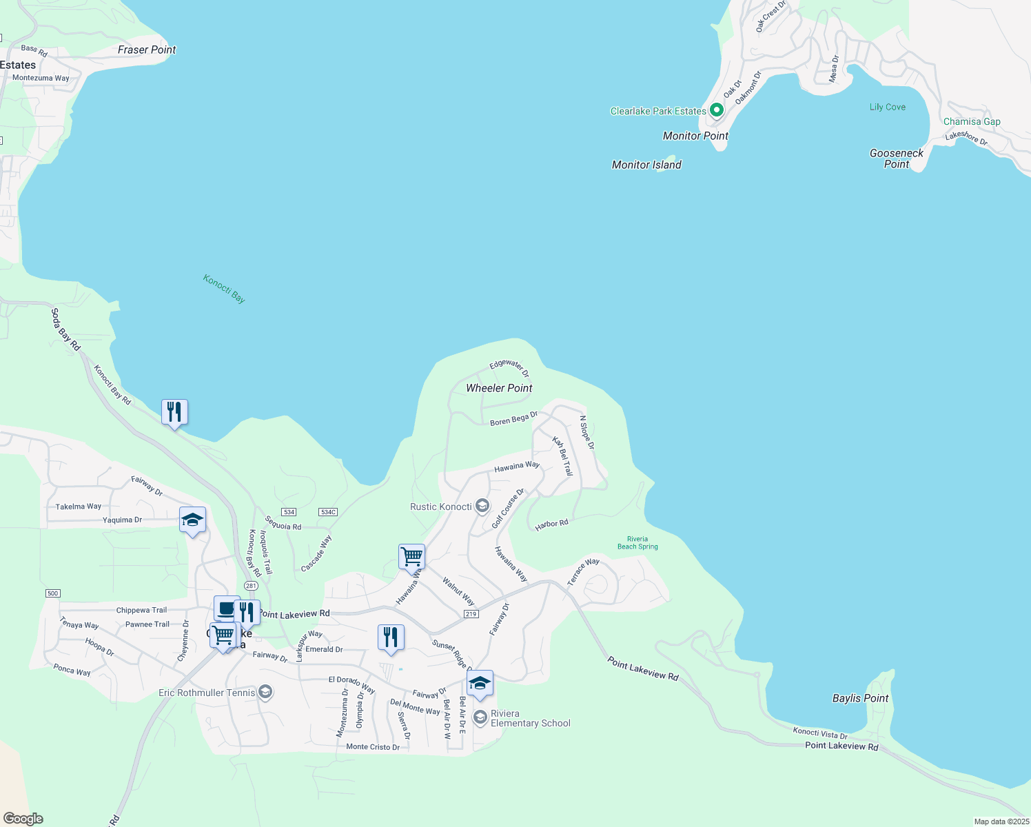 map of restaurants, bars, coffee shops, grocery stores, and more near 10610 Boren Bega Drive in Kelseyville