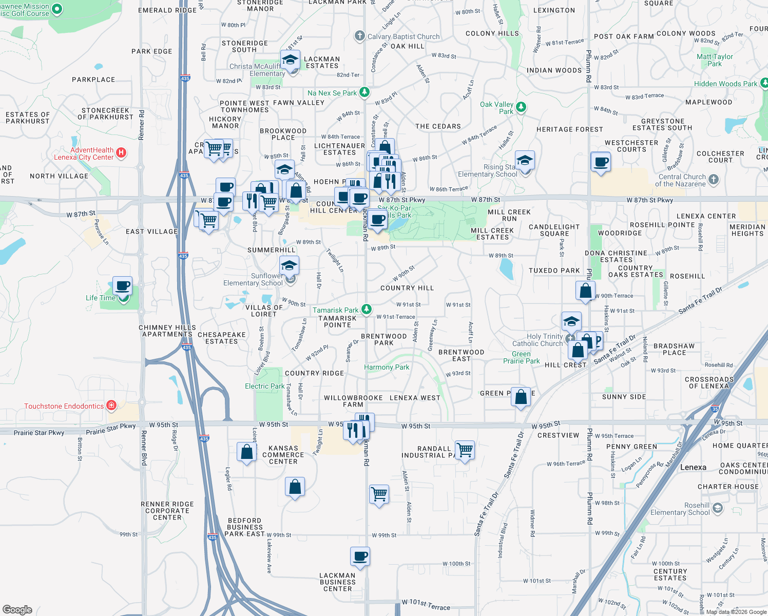 map of restaurants, bars, coffee shops, grocery stores, and more near 14909 West 90th Terrace in Lenexa