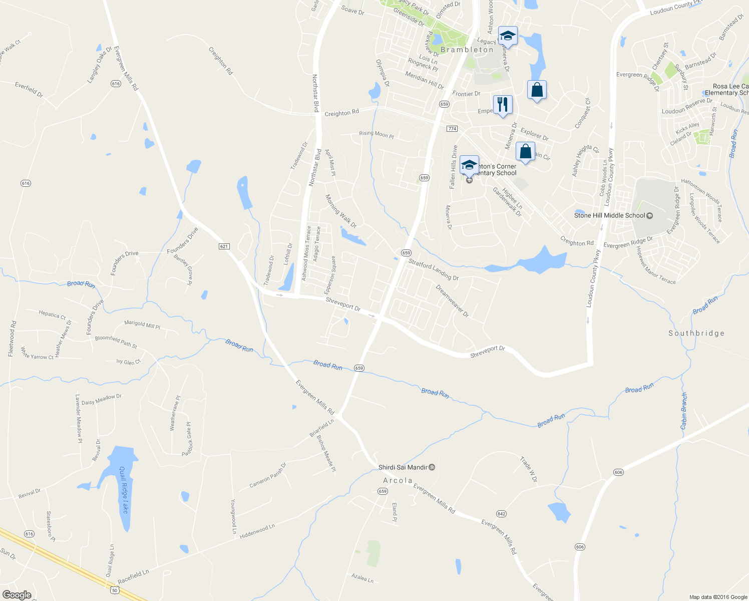 map of restaurants, bars, coffee shops, grocery stores, and more near 23544 Christina Ridge Square in Ashburn