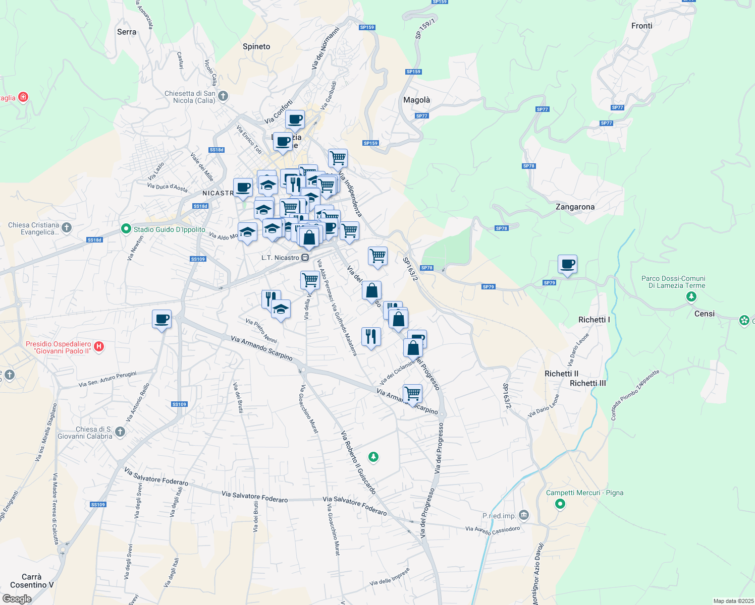 map of restaurants, bars, coffee shops, grocery stores, and more near 116 Via dei Gelsomini in Lamezia Terme