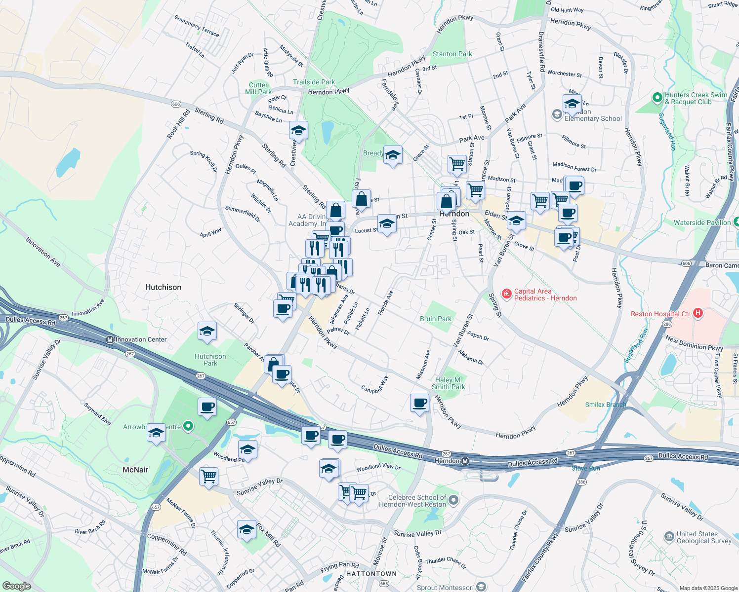 map of restaurants, bars, coffee shops, grocery stores, and more near 808 Alabama Drive in Herndon