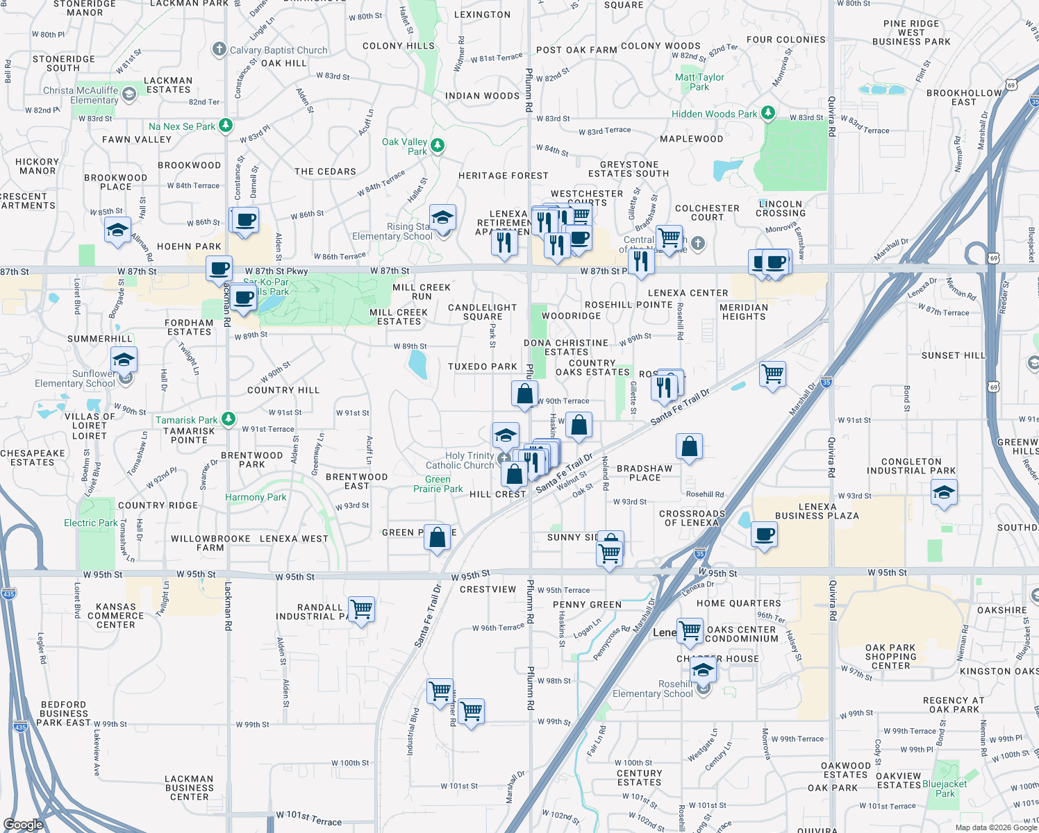 map of restaurants, bars, coffee shops, grocery stores, and more near 13513 West 90th Place in Lenexa