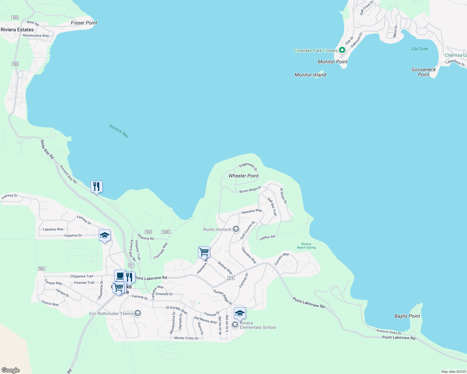 map of restaurants, bars, coffee shops, grocery stores, and more near 4641 Lagoon Drive in Kelseyville