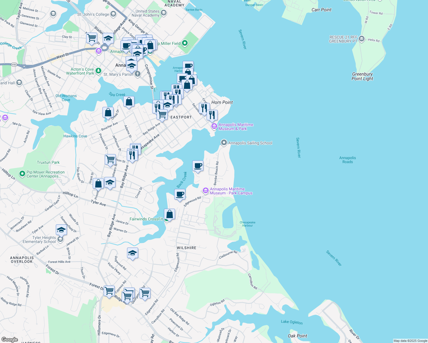 map of restaurants, bars, coffee shops, grocery stores, and more near 7056 Bembe Beach Road in Annapolis