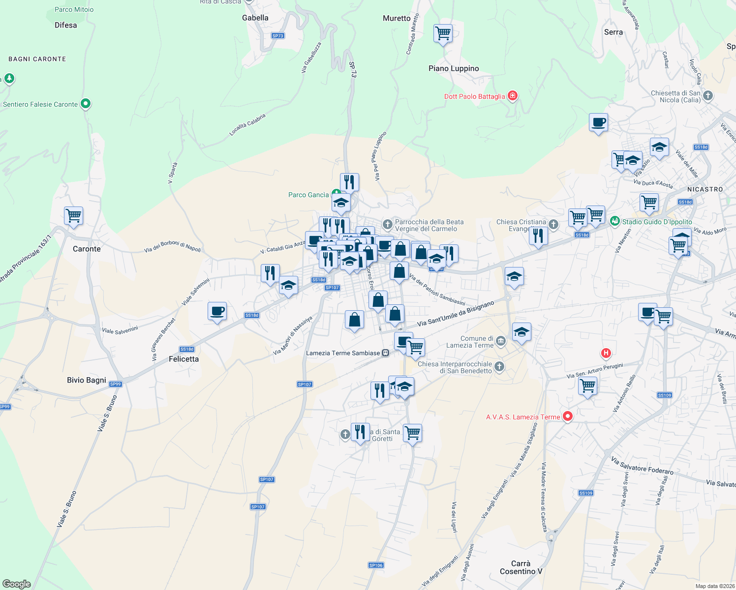 map of restaurants, bars, coffee shops, grocery stores, and more near 77 Via Eroi di Sapri in Lamezia Terme