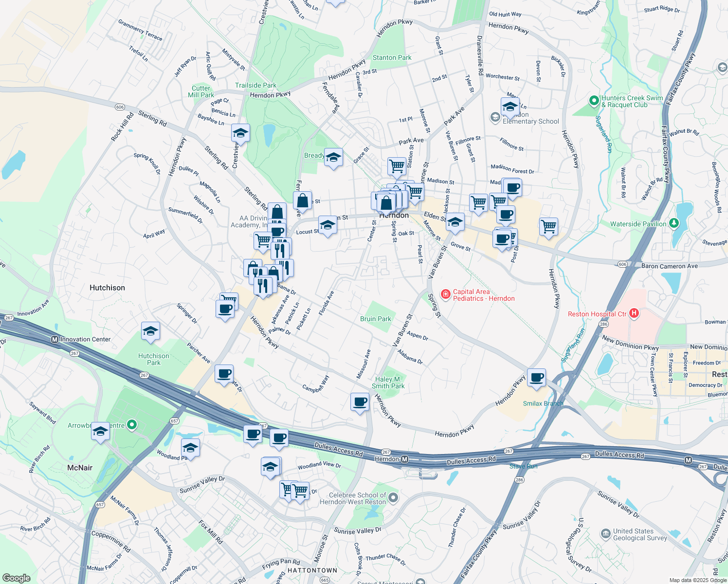 map of restaurants, bars, coffee shops, grocery stores, and more near 713 Herndon Woods Court in Herndon