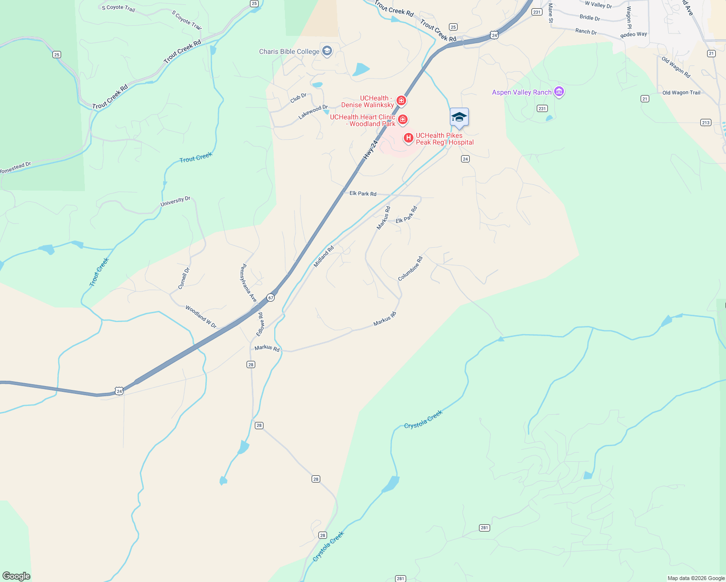 map of restaurants, bars, coffee shops, grocery stores, and more near 845 Markus Road in Woodland Park