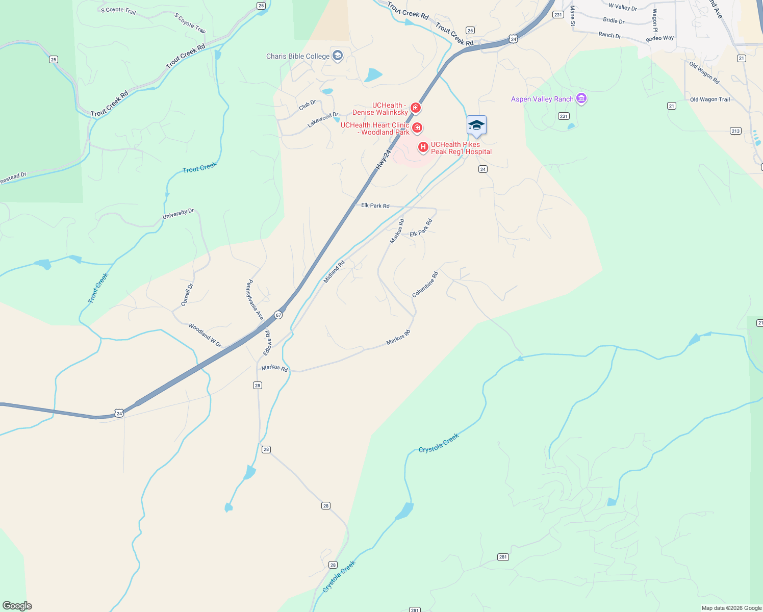 map of restaurants, bars, coffee shops, grocery stores, and more near 845 Markus Road in Woodland Park