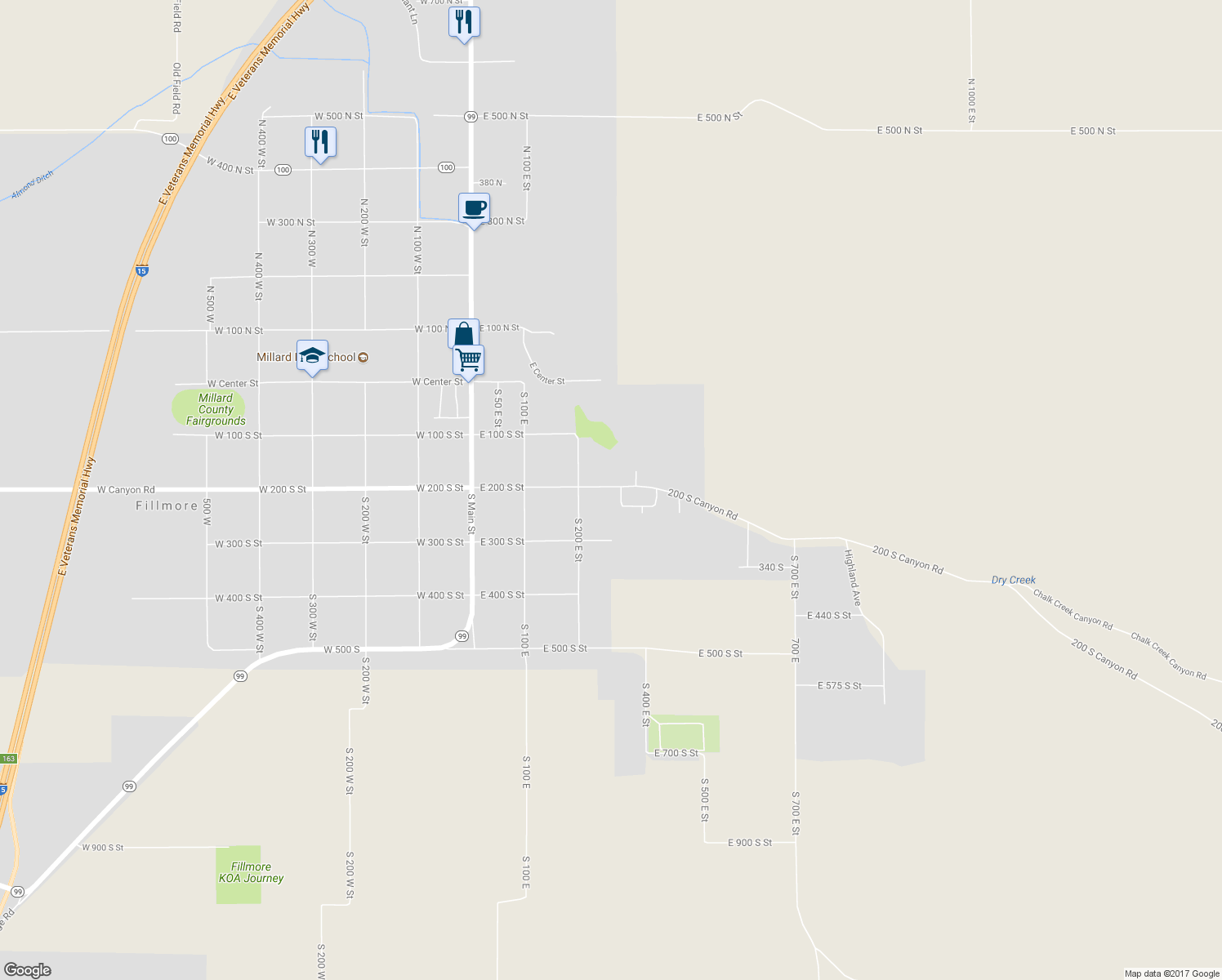 map of restaurants, bars, coffee shops, grocery stores, and more near 440 East Canyon Road in Fillmore