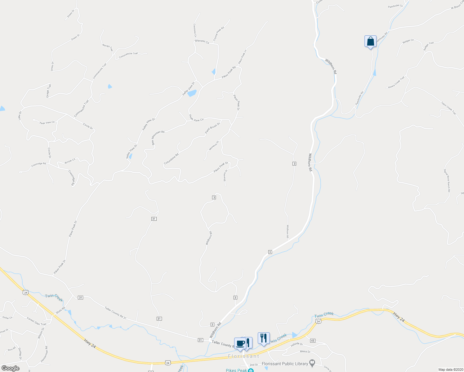 map of restaurants, bars, coffee shops, grocery stores, and more near 22 Shavano Drive in Florissant
