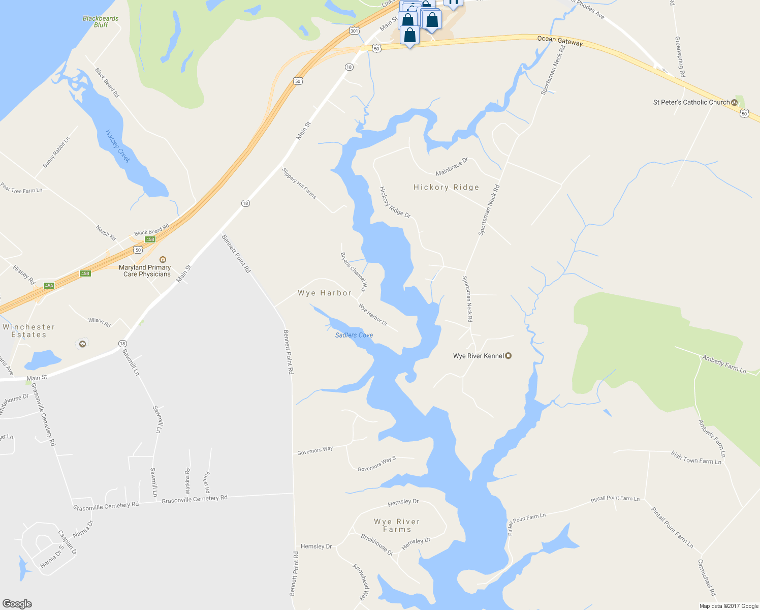 map of restaurants, bars, coffee shops, grocery stores, and more near 309 Wye Harbor Drive in Queenstown