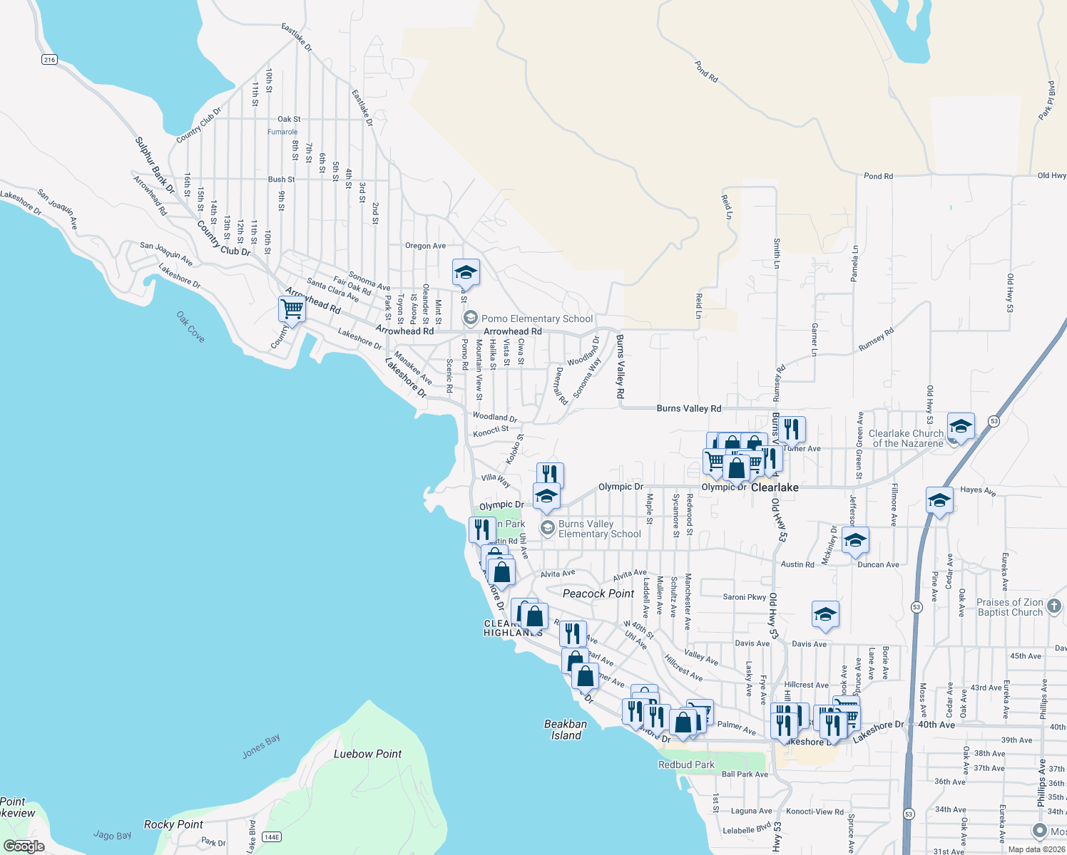 map of restaurants, bars, coffee shops, grocery stores, and more near 14219 Sonoma Way in Clearlake