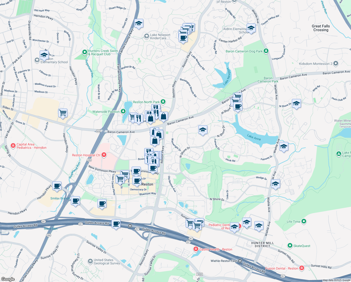 map of restaurants, bars, coffee shops, grocery stores, and more near 1765 Wainwright Drive in Reston