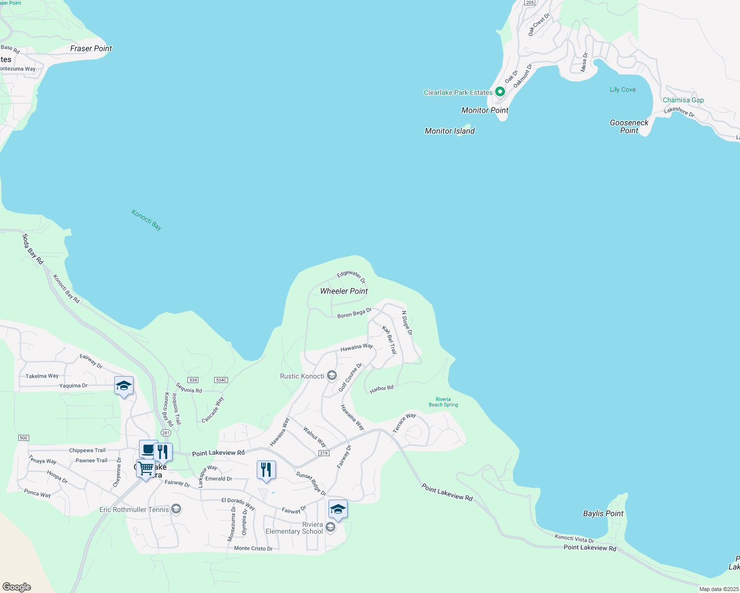 map of restaurants, bars, coffee shops, grocery stores, and more near 10650 Edgewater Drive in Kelseyville