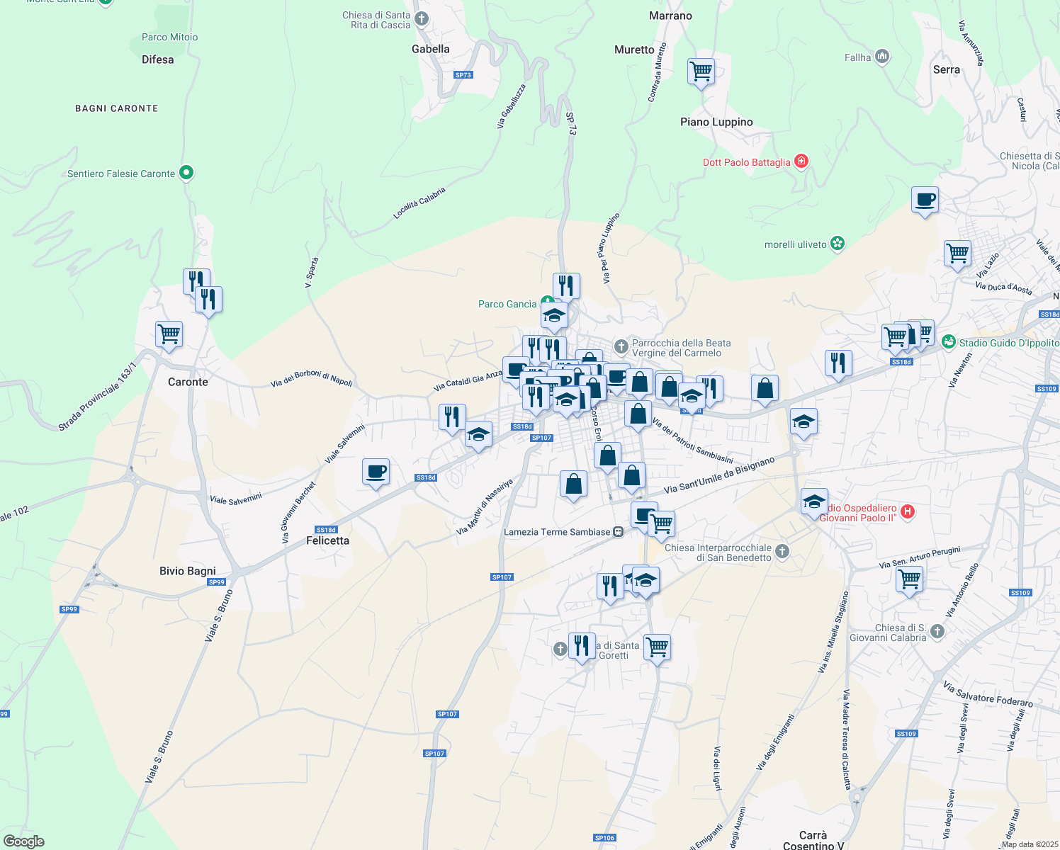 map of restaurants, bars, coffee shops, grocery stores, and more near 18 Via Luigi Rizzo in Lamezia Terme
