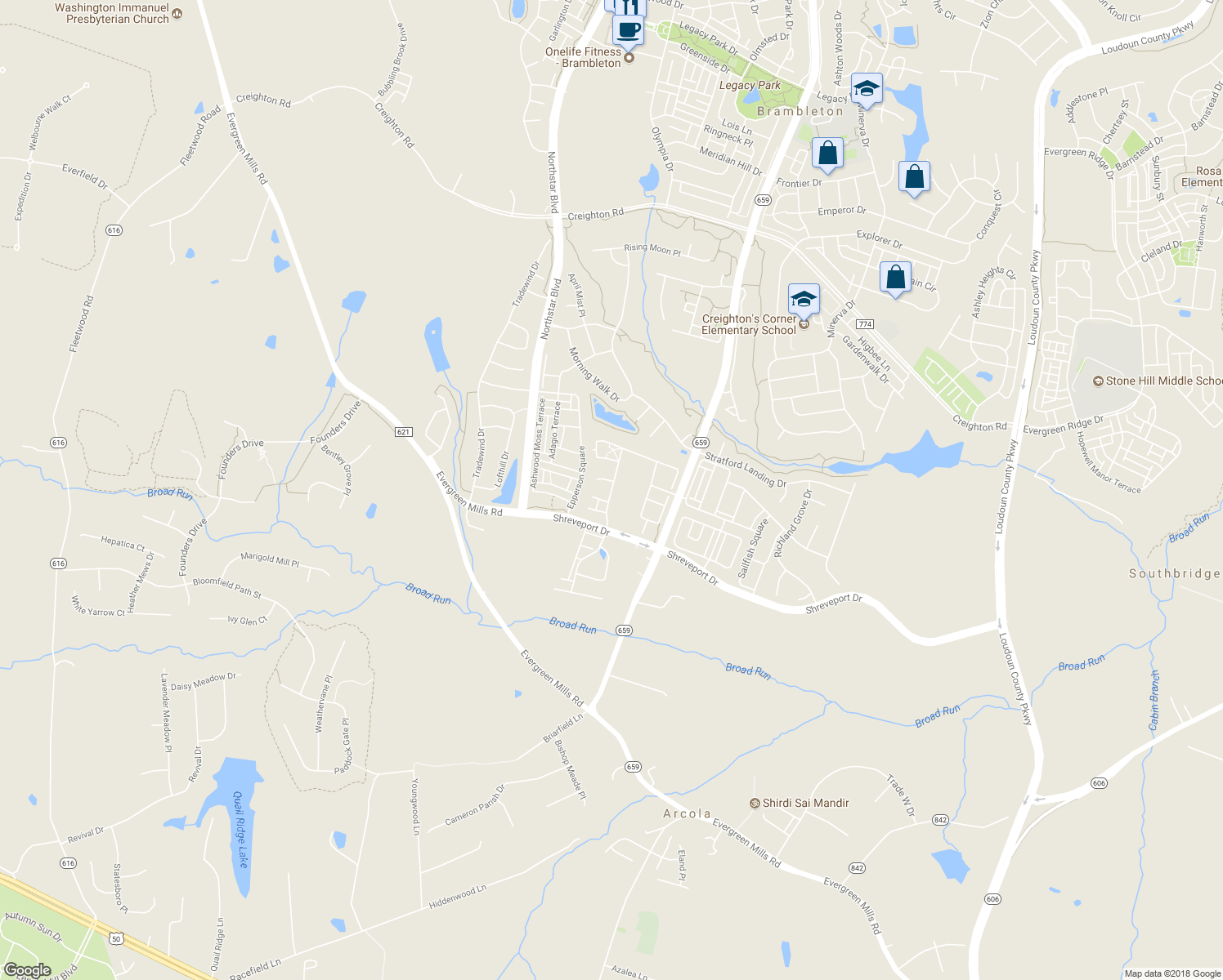 map of restaurants, bars, coffee shops, grocery stores, and more near Boca Field Terrace in Aldie