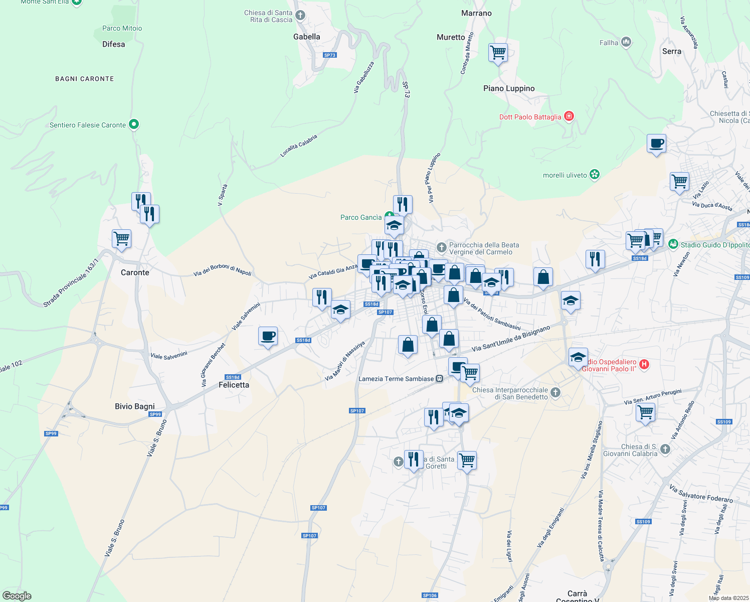 map of restaurants, bars, coffee shops, grocery stores, and more near 1 Viale Salvemini in Lamezia Terme