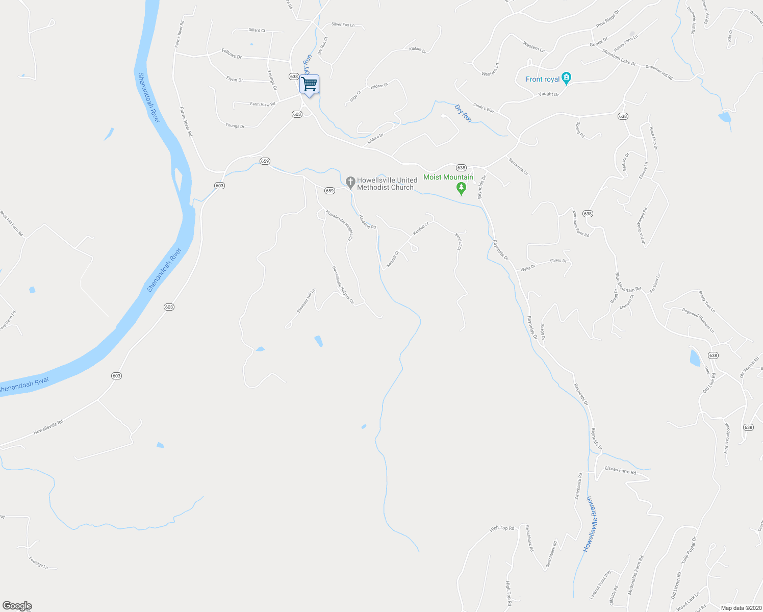 map of restaurants, bars, coffee shops, grocery stores, and more near 109 Heights Lane in Front Royal