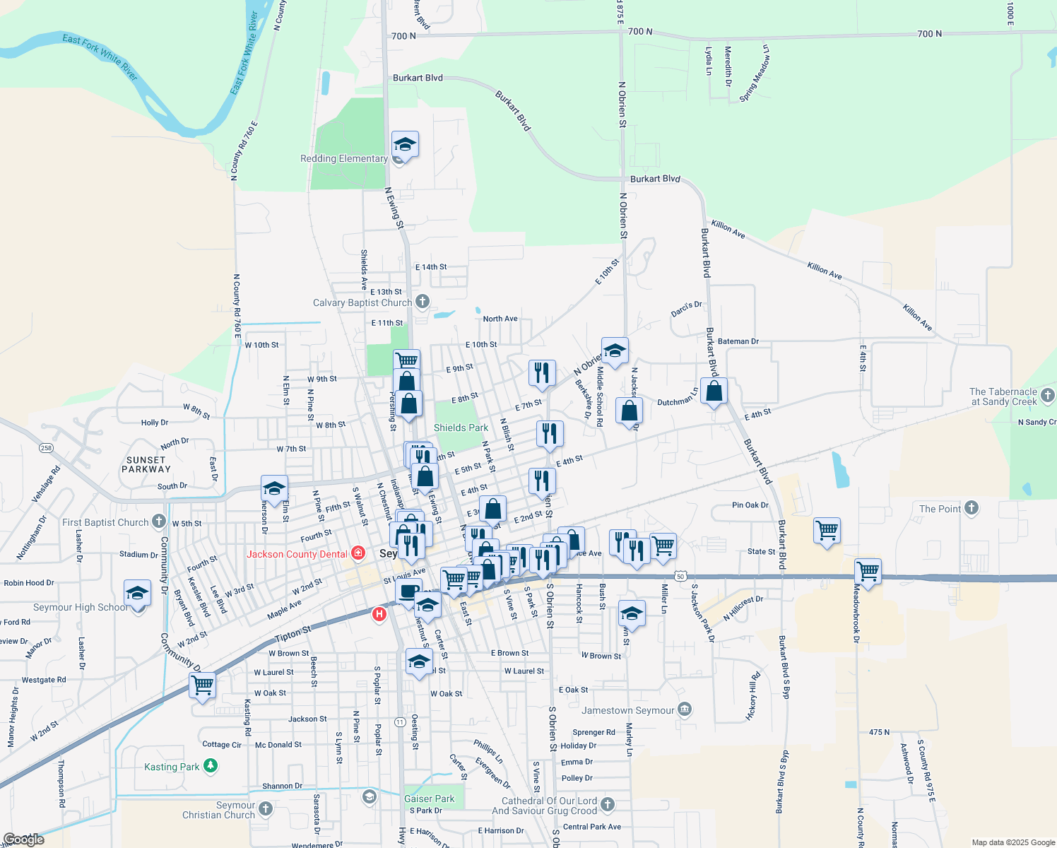 map of restaurants, bars, coffee shops, grocery stores, and more near 631 E 6th St in Seymour