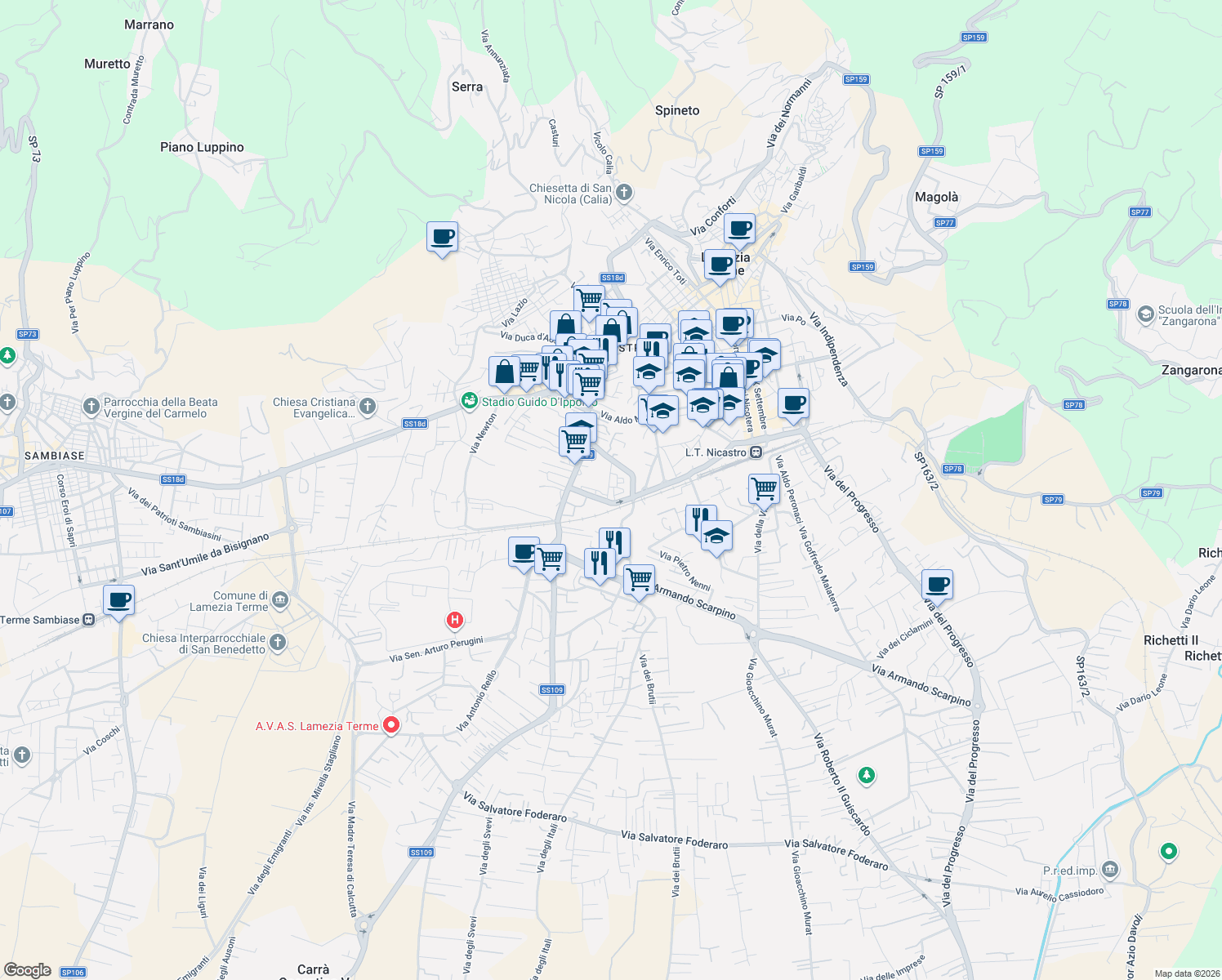 map of restaurants, bars, coffee shops, grocery stores, and more near 21 Via Razionale in Lamezia Terme