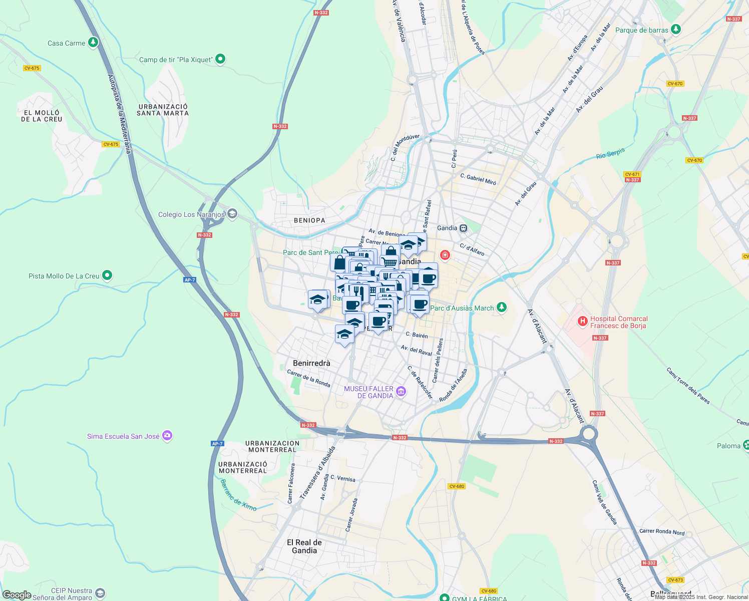 map of restaurants, bars, coffee shops, grocery stores, and more near 3 Carrer Abat Solà in Gandia