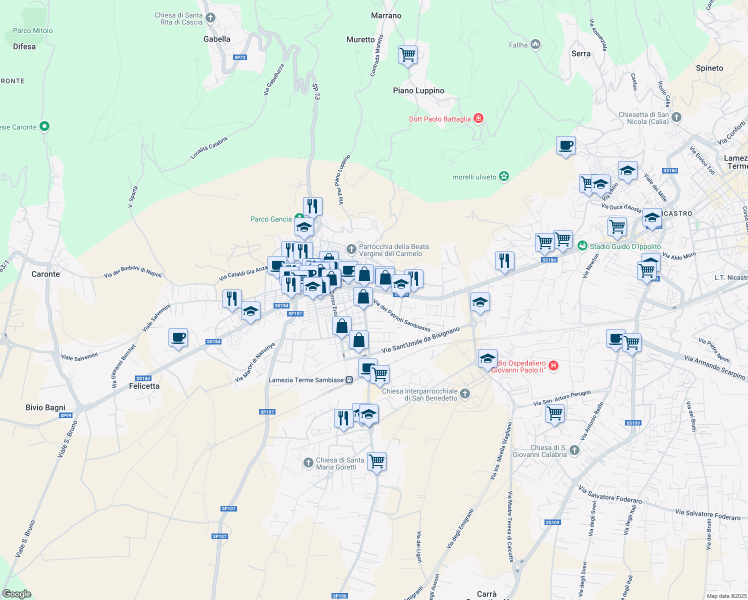 map of restaurants, bars, coffee shops, grocery stores, and more near 18 Via Luigi Rizzo in Lamezia Terme