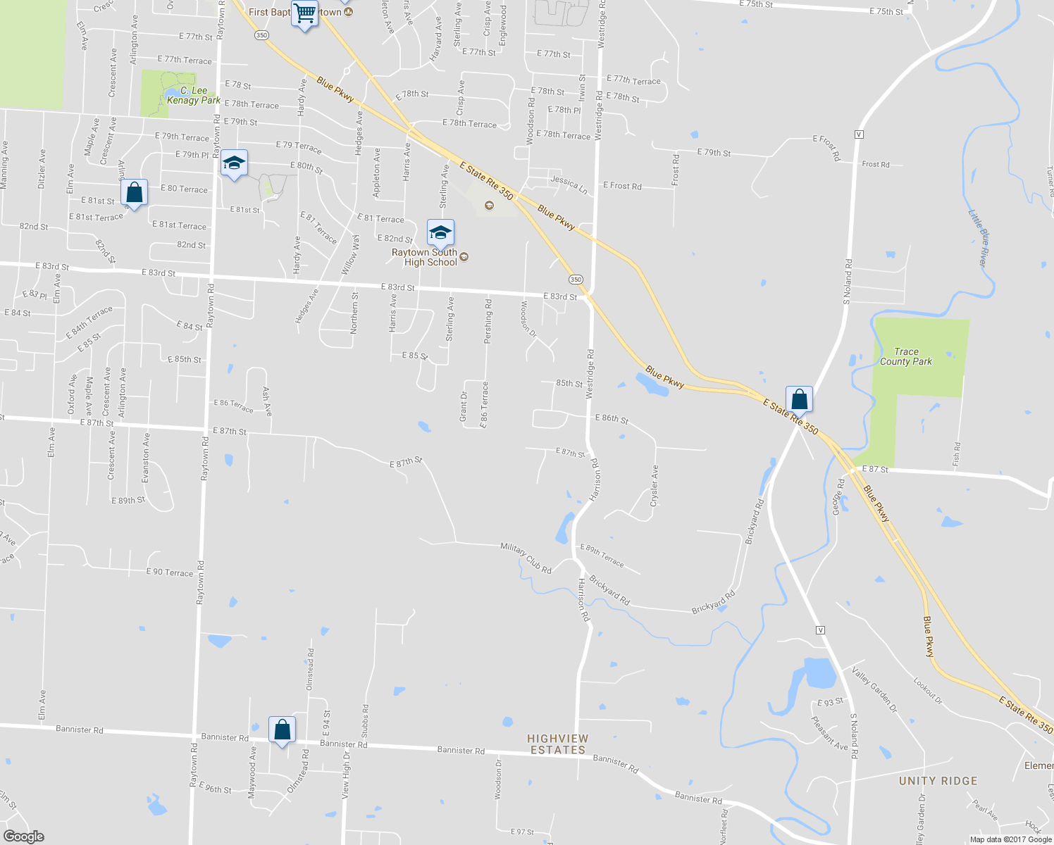 map of restaurants, bars, coffee shops, grocery stores, and more near 8612 Ridgeway Court in Raytown