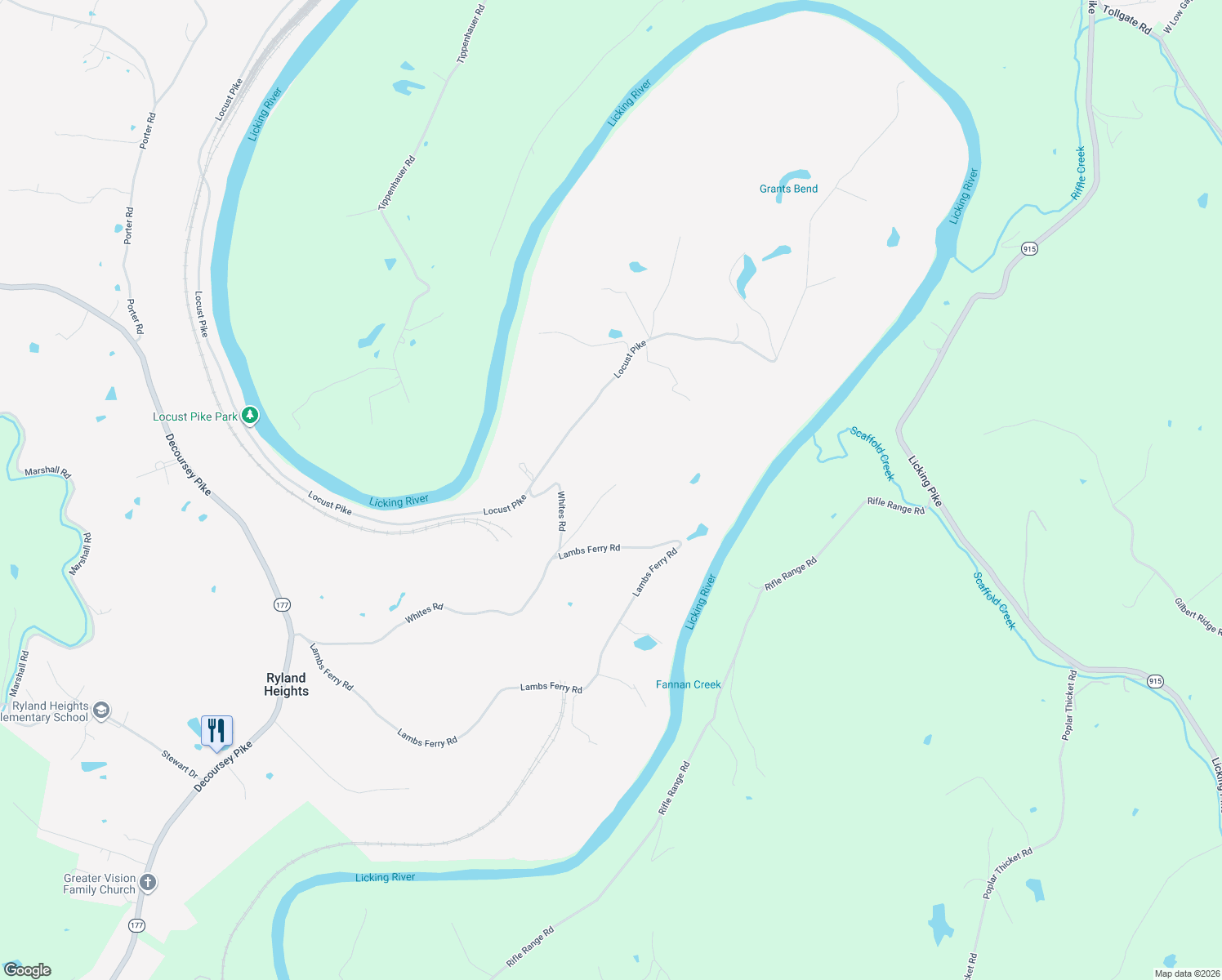 map of restaurants, bars, coffee shops, grocery stores, and more near 4825 Whites Road in Ryland Heights