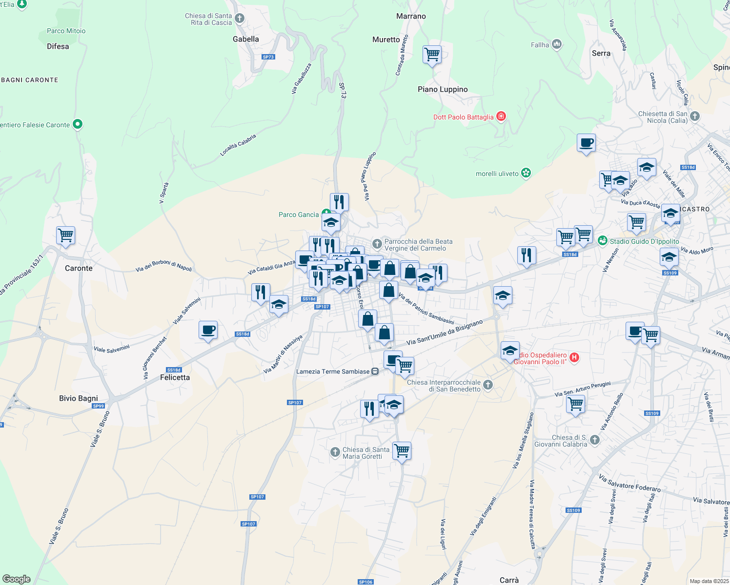 map of restaurants, bars, coffee shops, grocery stores, and more near 16 Via Duca degli Abruzzi in Lamezia Terme