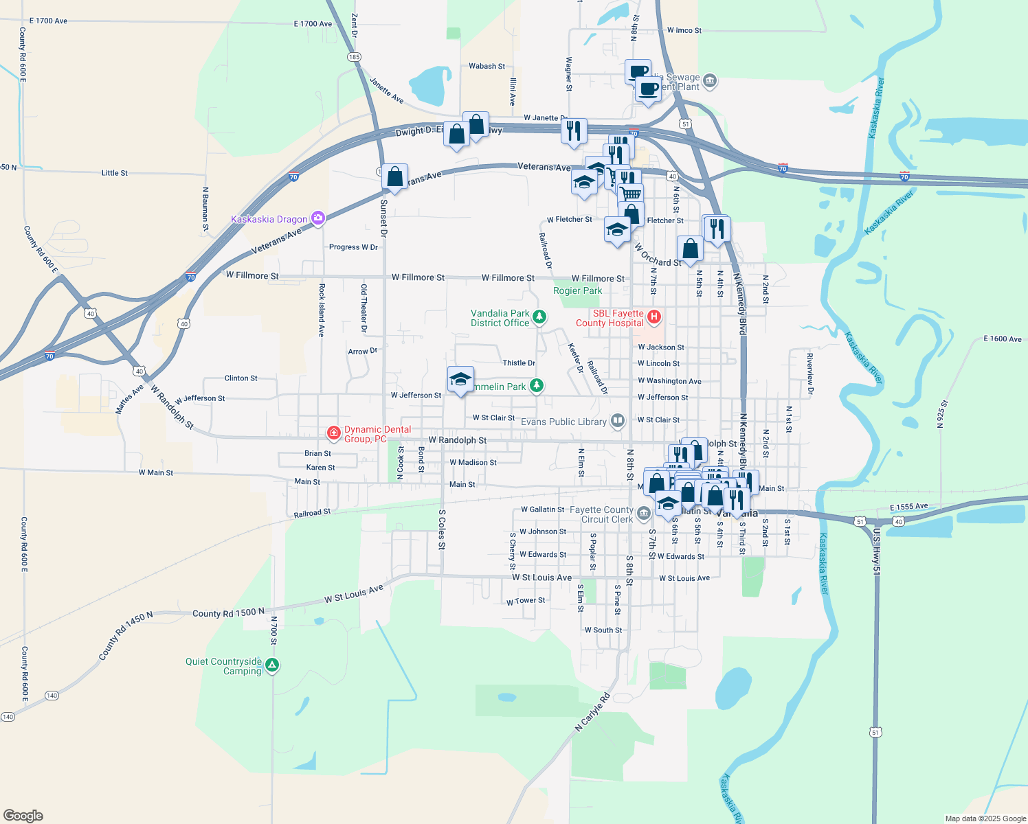 map of restaurants, bars, coffee shops, grocery stores, and more near 1231 West Street Clair Street in Vandalia