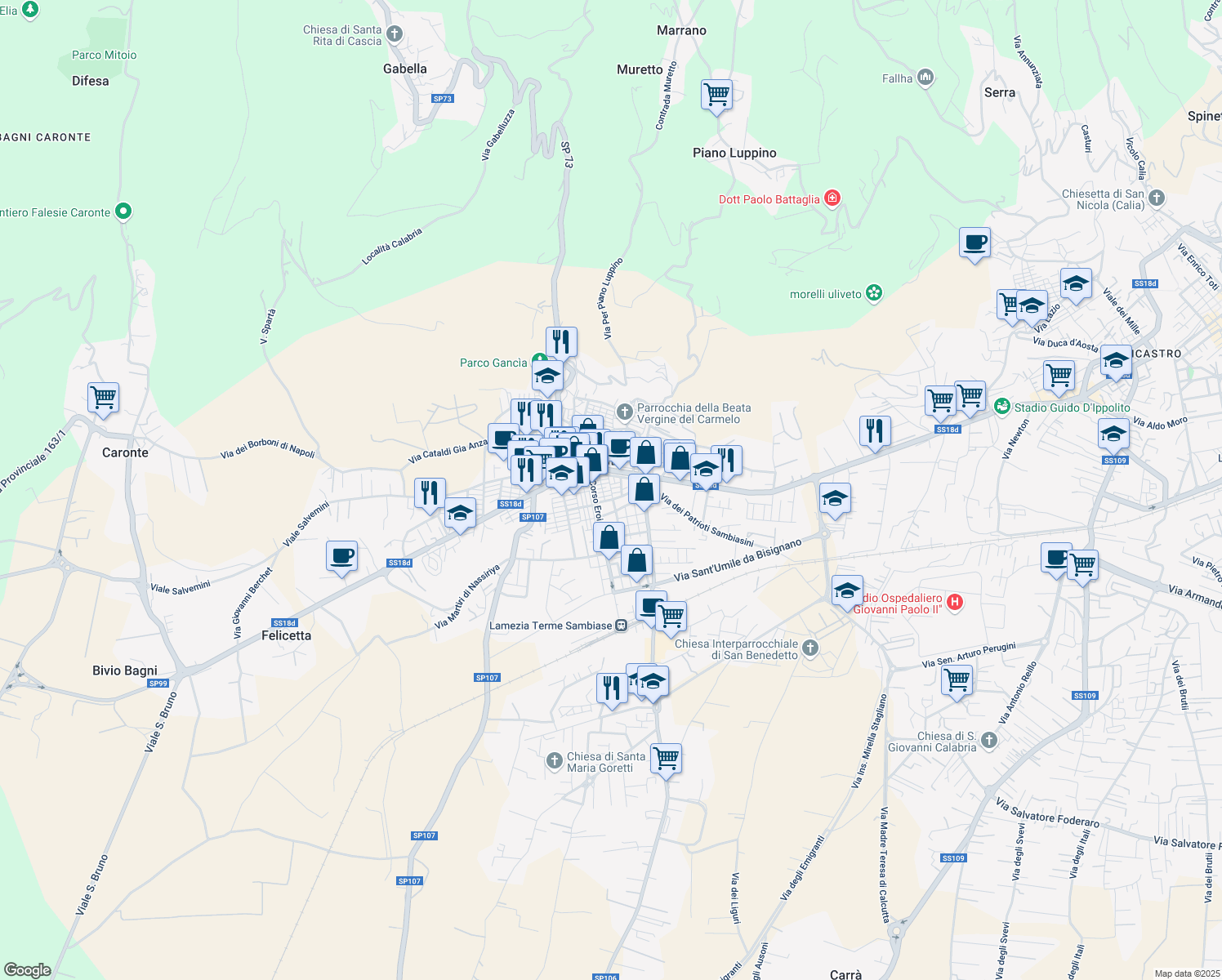 map of restaurants, bars, coffee shops, grocery stores, and more near 16 Via Duca degli Abruzzi in Lamezia Terme