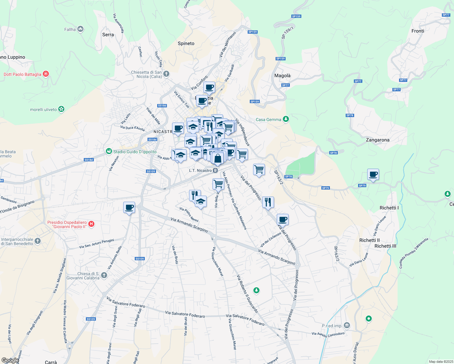 map of restaurants, bars, coffee shops, grocery stores, and more near 12 Via Aldo Peronaci in Lamezia Terme