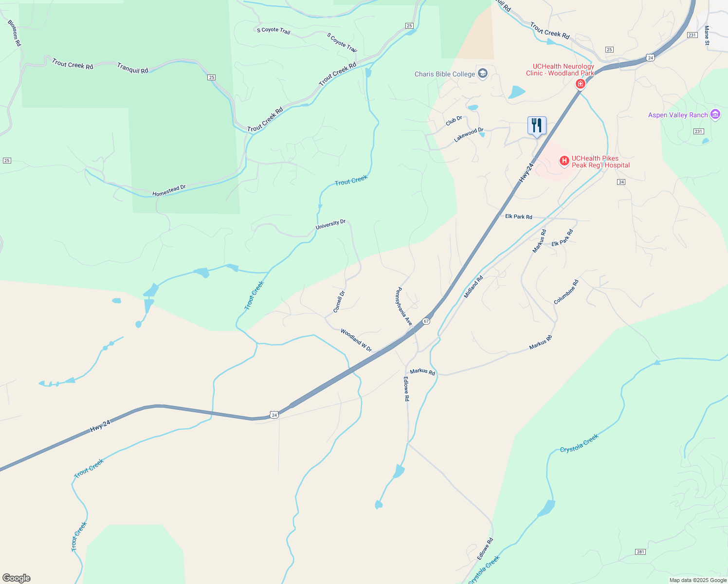 map of restaurants, bars, coffee shops, grocery stores, and more near 39 Dartmouth Place in Woodland Park