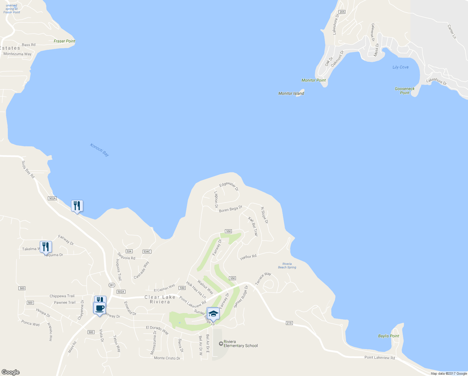 map of restaurants, bars, coffee shops, grocery stores, and more near 10623 Edgewater Drive in Kelseyville