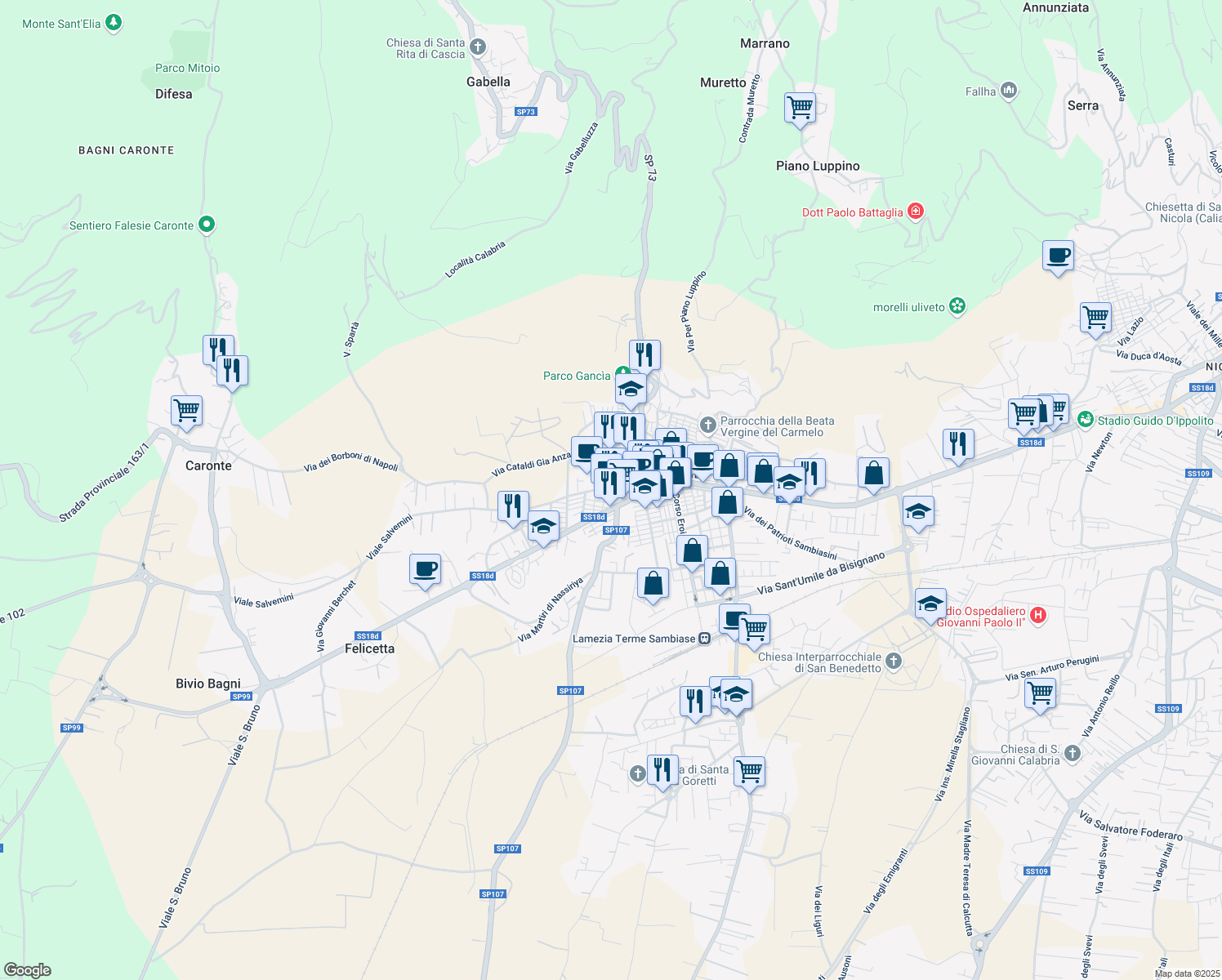 map of restaurants, bars, coffee shops, grocery stores, and more near 1 Viale Salvemini in Lamezia Terme