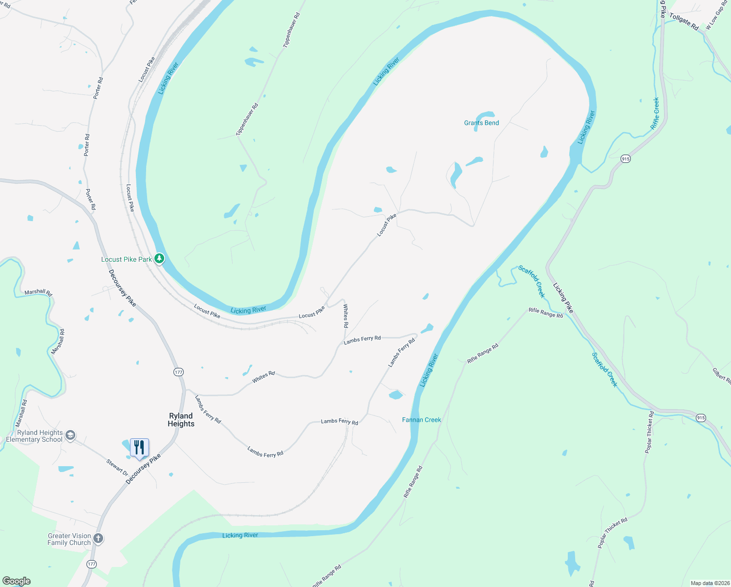 map of restaurants, bars, coffee shops, grocery stores, and more near 4825 Whites Road in Ryland Heights