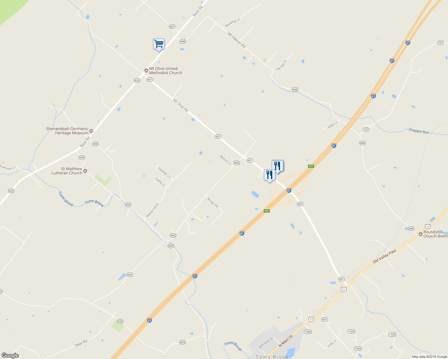 map of restaurants, bars, coffee shops, grocery stores, and more near 1428 Country Brook Road in Toms Brook