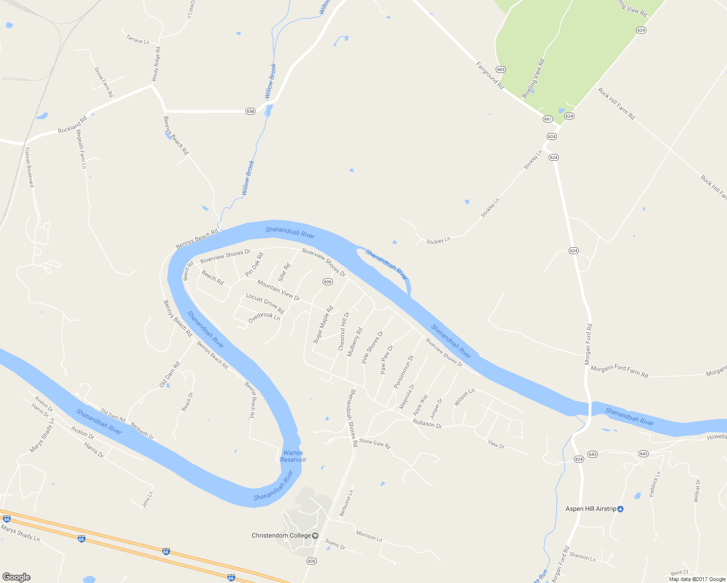 map of restaurants, bars, coffee shops, grocery stores, and more near Riverview Shores Drive in Front Royal