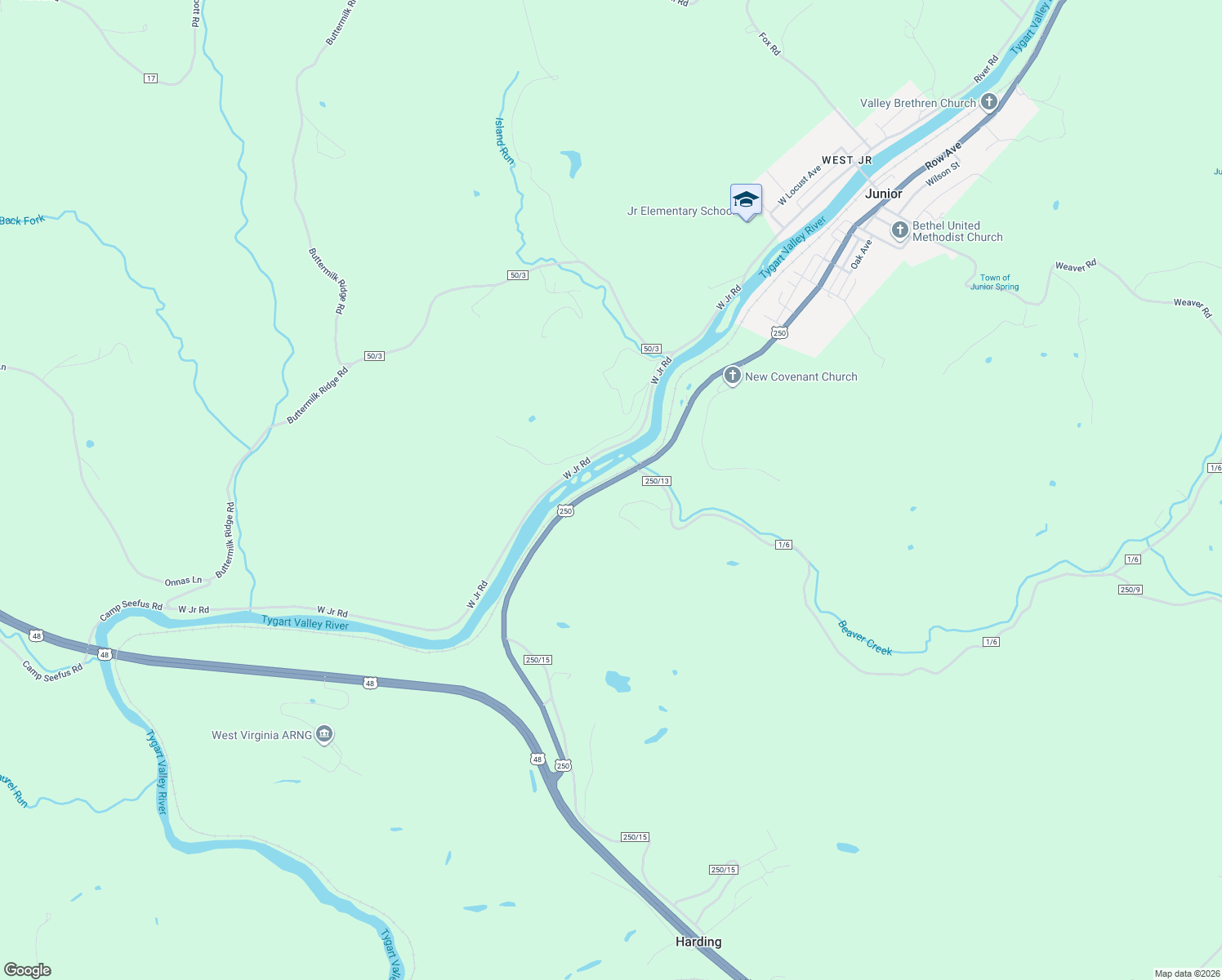 map of restaurants, bars, coffee shops, grocery stores, and more near Junior-Philippi-Grafton Road in Belington