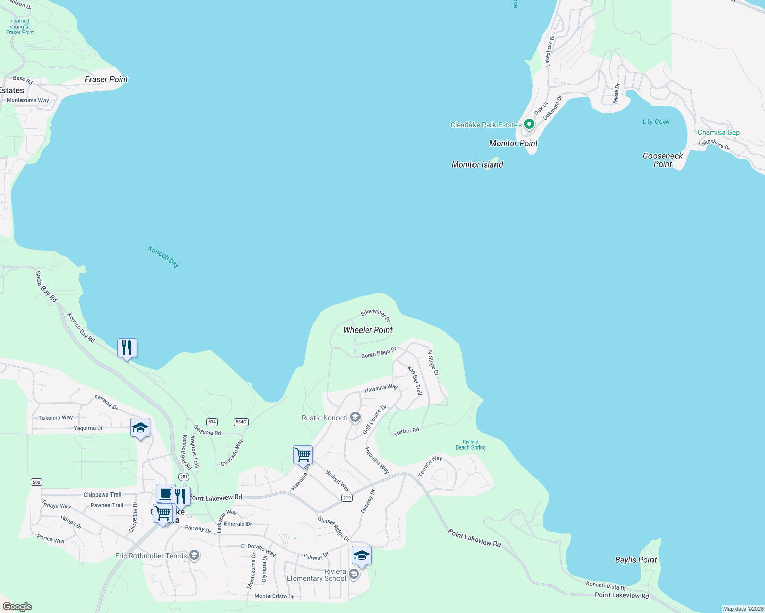 map of restaurants, bars, coffee shops, grocery stores, and more near 4524 Crystal Cove in Kelseyville