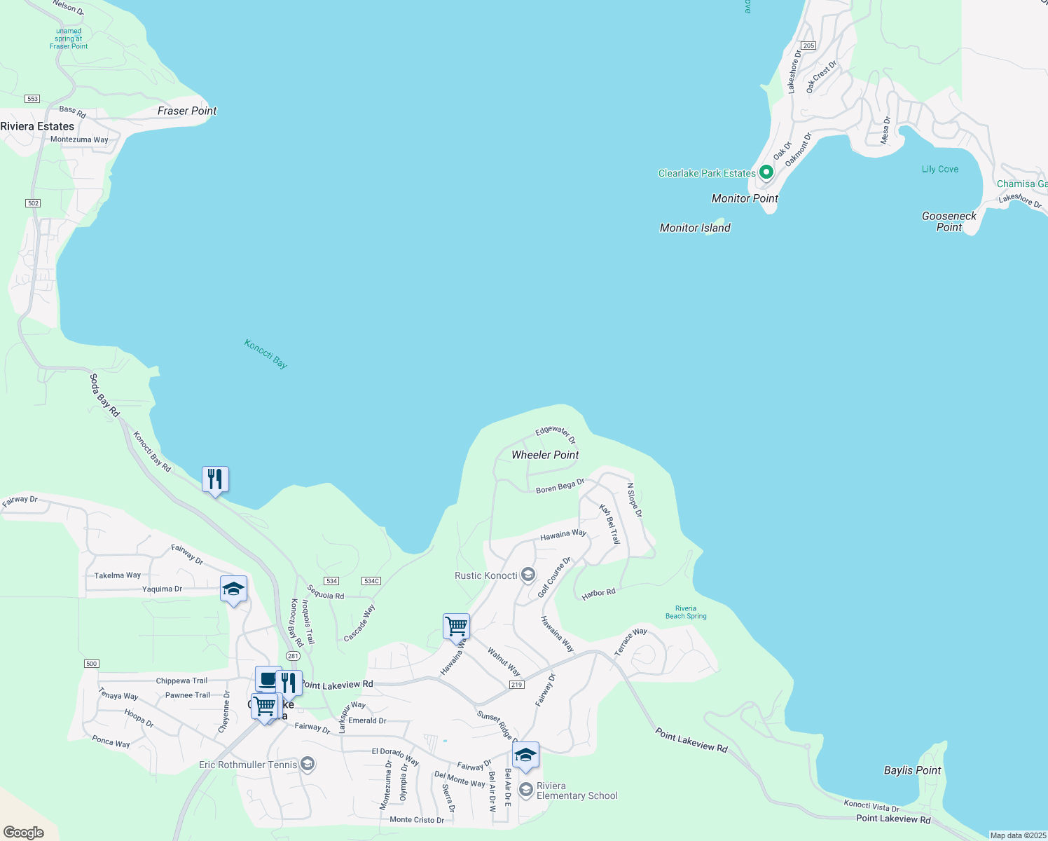 map of restaurants, bars, coffee shops, grocery stores, and more near 10508 Edgewater Drive in Kelseyville
