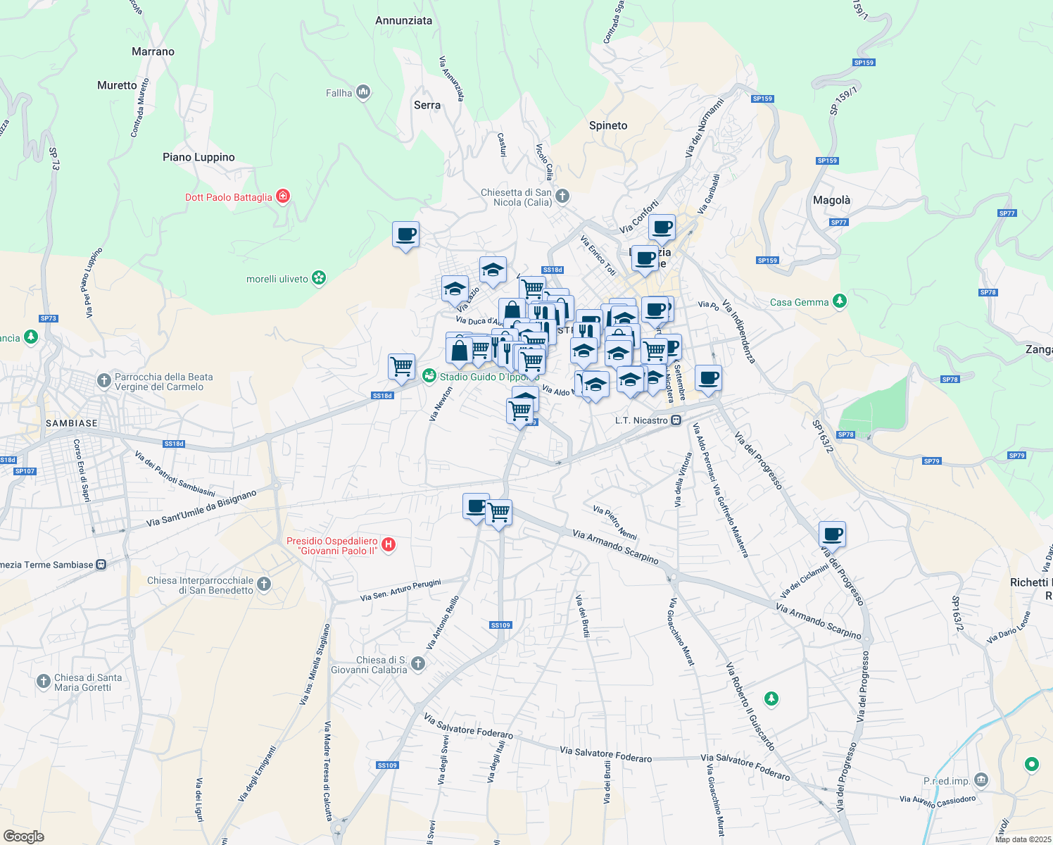 map of restaurants, bars, coffee shops, grocery stores, and more near Via S. Miceli in Lamezia Terme