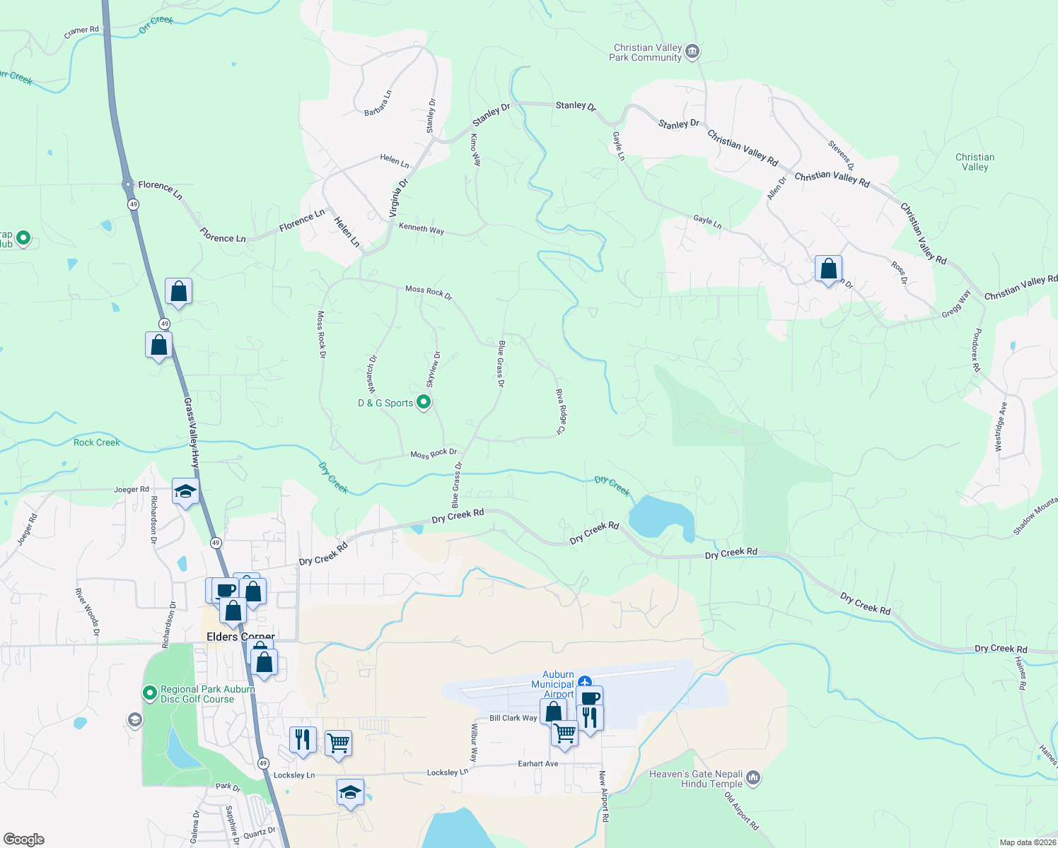 map of restaurants, bars, coffee shops, grocery stores, and more near 14470 Riva Ridge Circle in Auburn