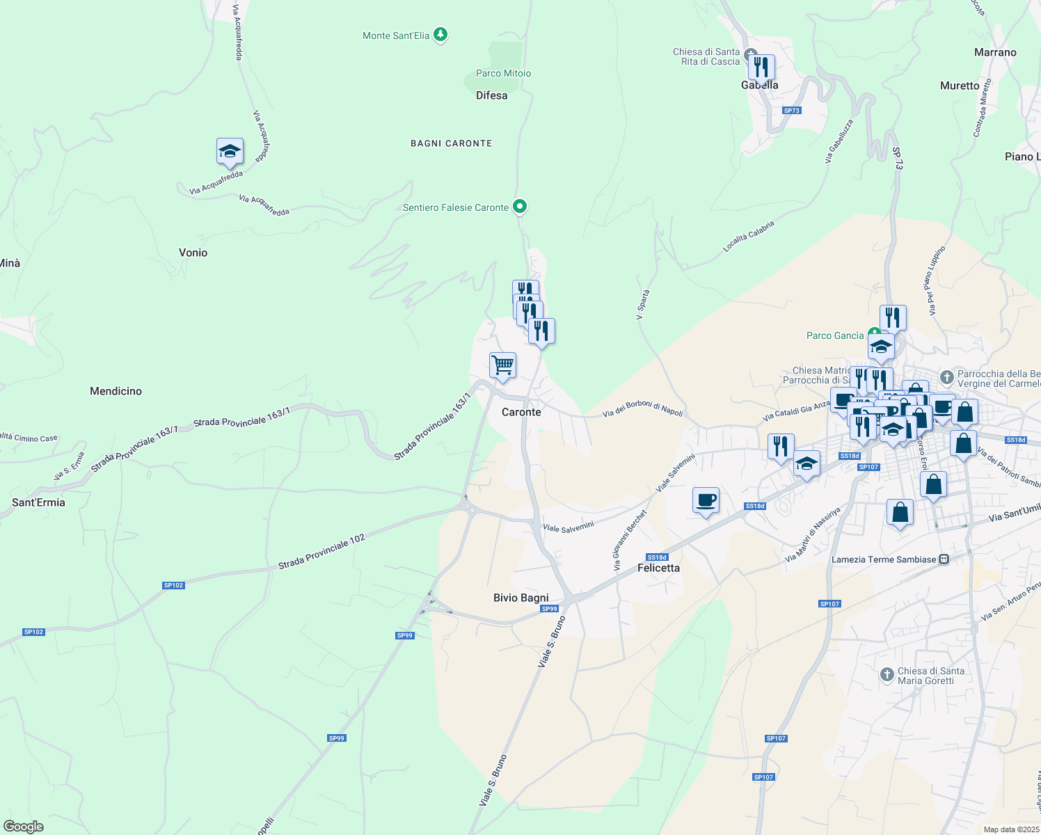 map of restaurants, bars, coffee shops, grocery stores, and more near 47 Strada Provinciale 163/1 in Caronte